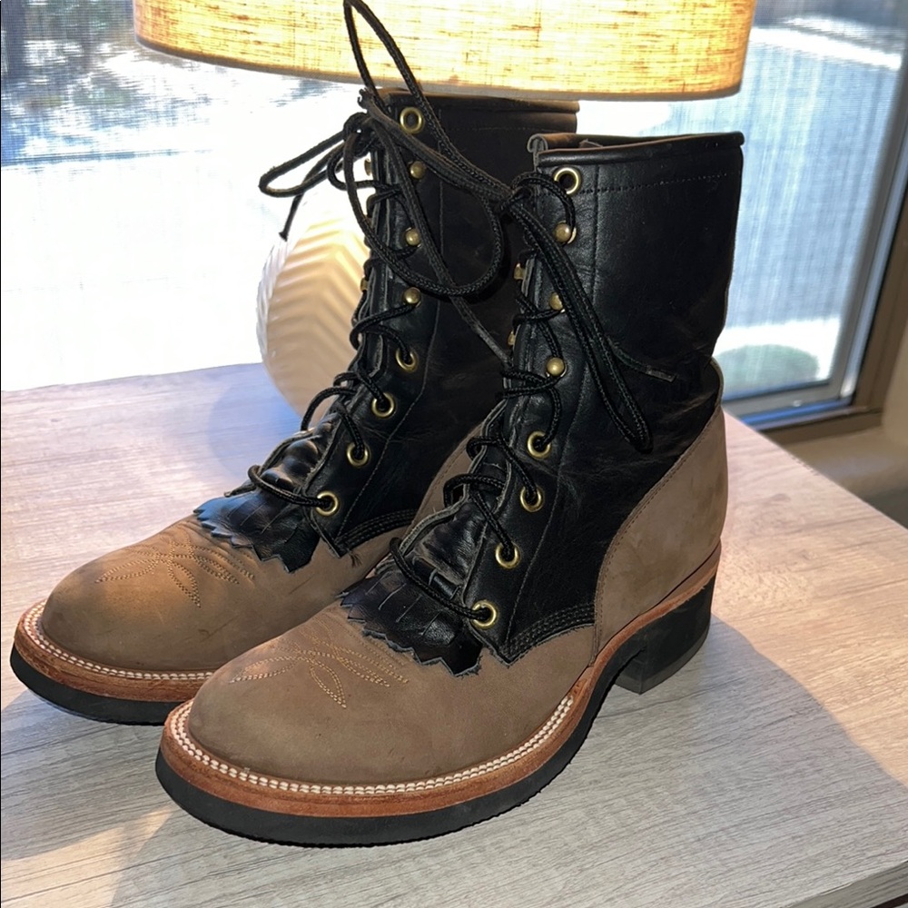 Justin Boots Black and Tan Lace-Up Boots